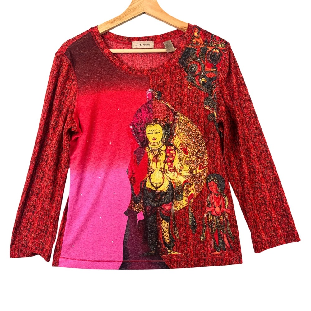 i.e. relaxed Y2k Artsy Red Buddha Graphic Rhinestone Long Sleeve Top Size L